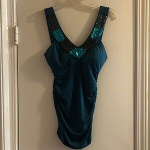 Wet Seal Teal Tank with Beaded Accents and Built In Cups
